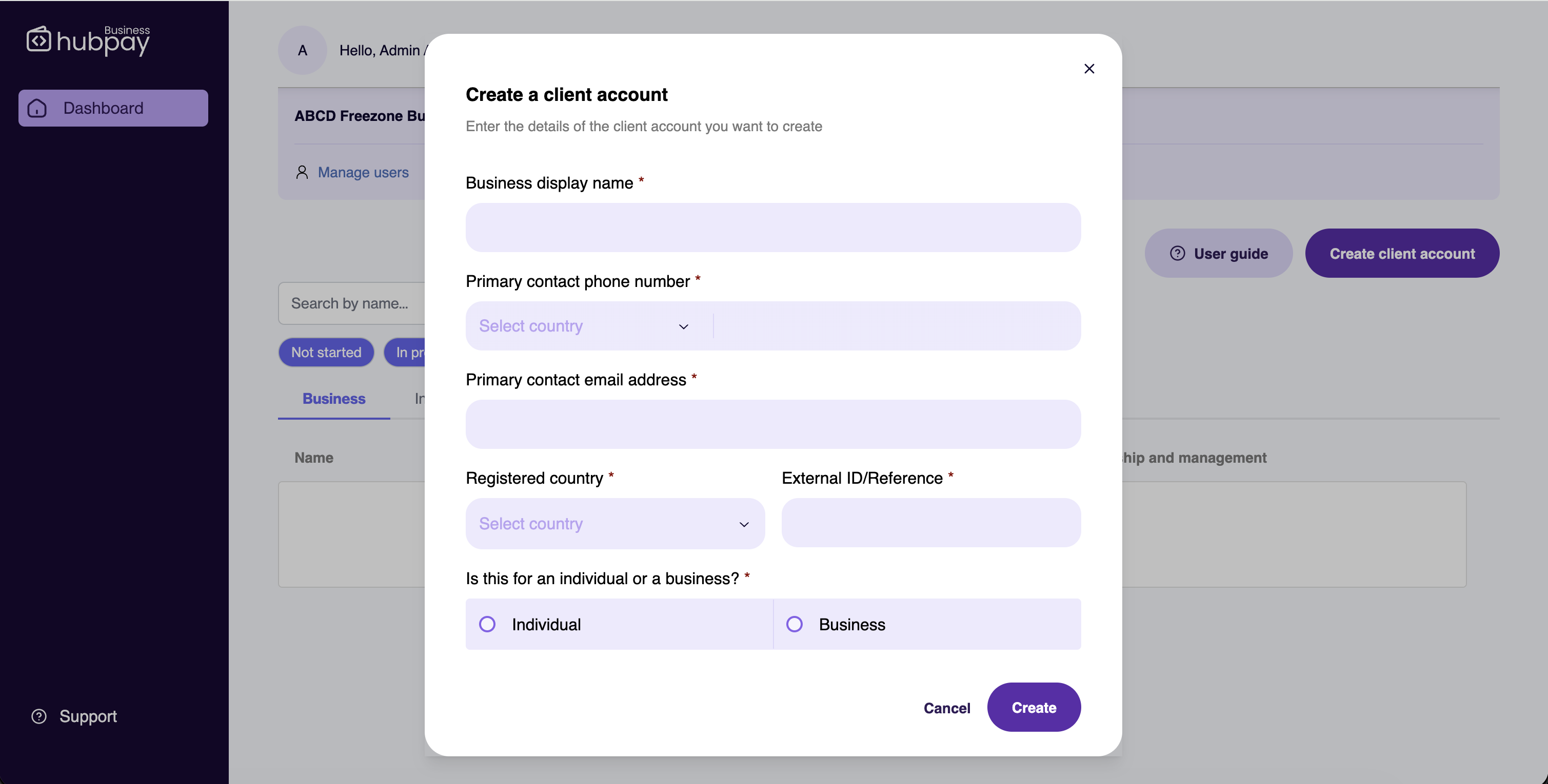 Create client account form