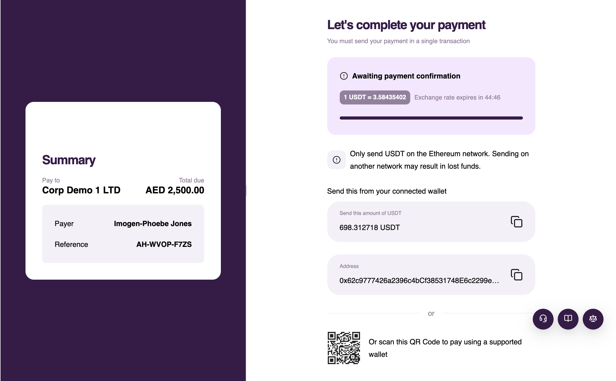 Crypto payment address and QR code